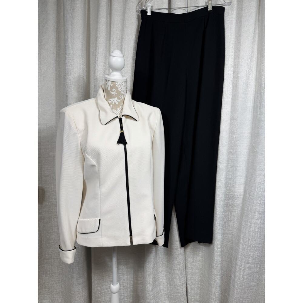 Jessica Howard Ivory Zip-Front Jacket & Black Pants Suit – Size 16 - Picture 2 of 15